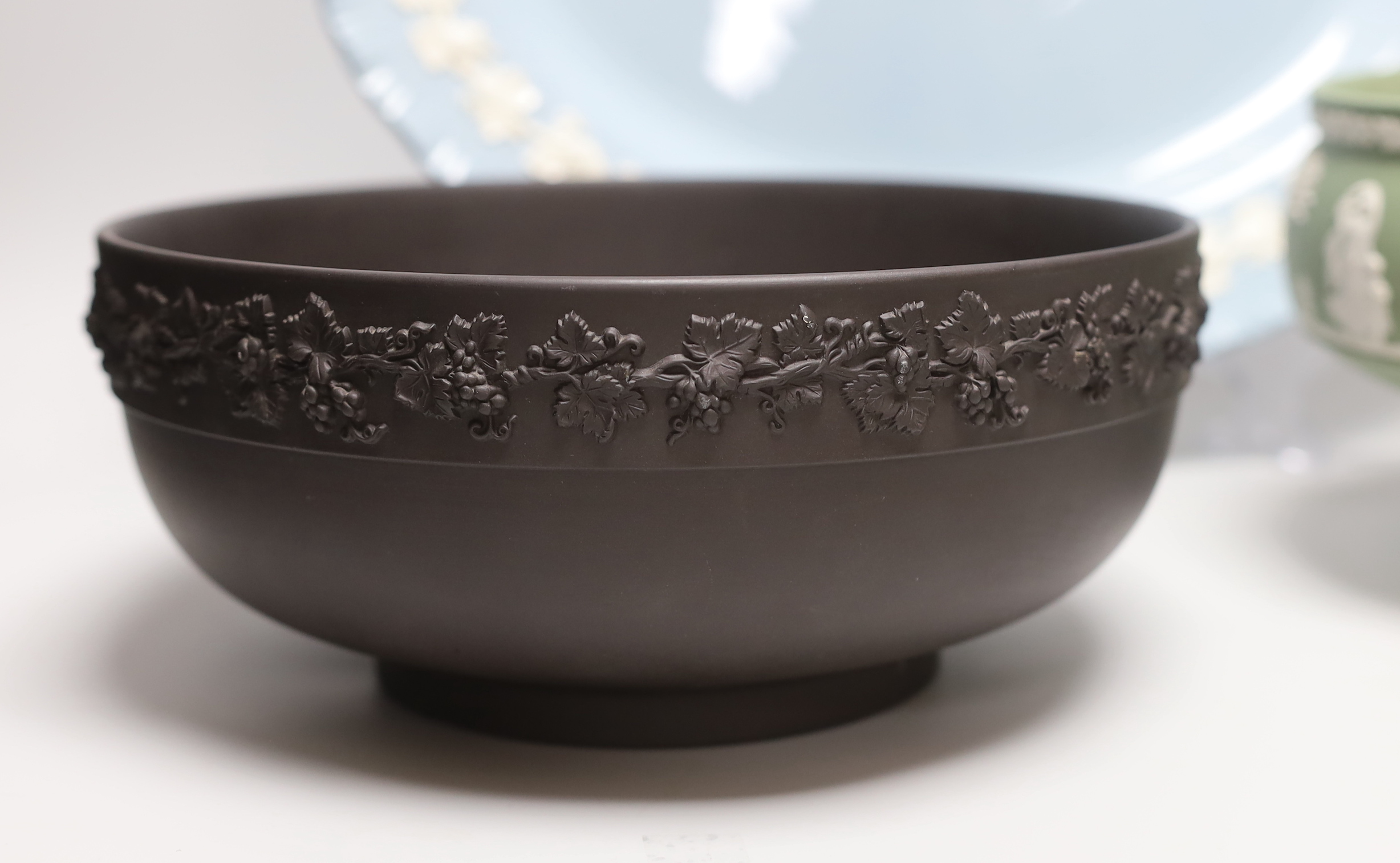 Three Wedgwood Jasperware items, platter, basalt bowl and a sacrifice bowl, largest 41cm long